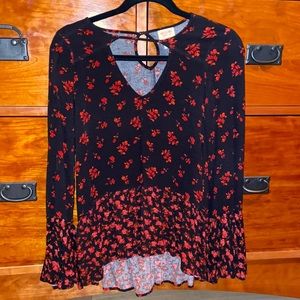 Romantic Black Red Floral Sexy Date Night Blouse Bell Sleeves Ruffled Ruffles S